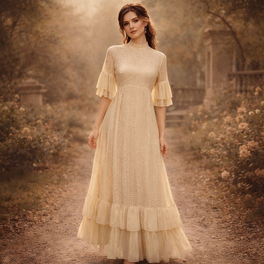 Vtg 70's Courier California Tiered Cream Cottagecore Eyelet Maxi Dress Beige 7/8